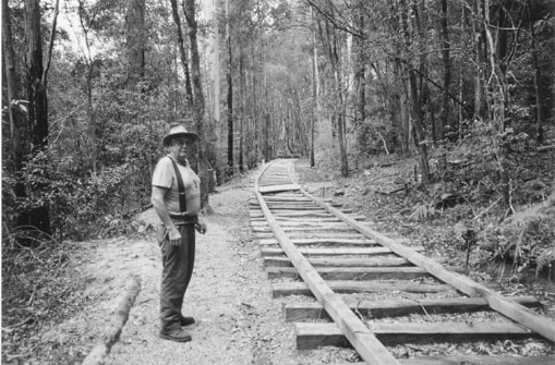 Bill Boyd beside the reconstructed Longworth Tramway in 2001